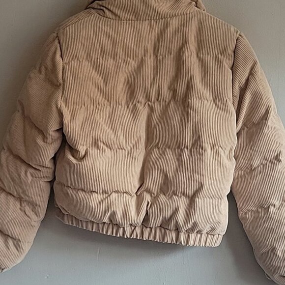 NEW women's medium beige tan corduroy puffer jacket cropped cozy coat oversized - Picture 3 of 9